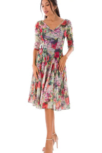 PRIMAVERA Fit and Flare 3/4 Sleeves Paneled Floral Print Dress