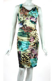 PAOLA Cowl Neck Sleeveless Ruched Knee Length Print Dress