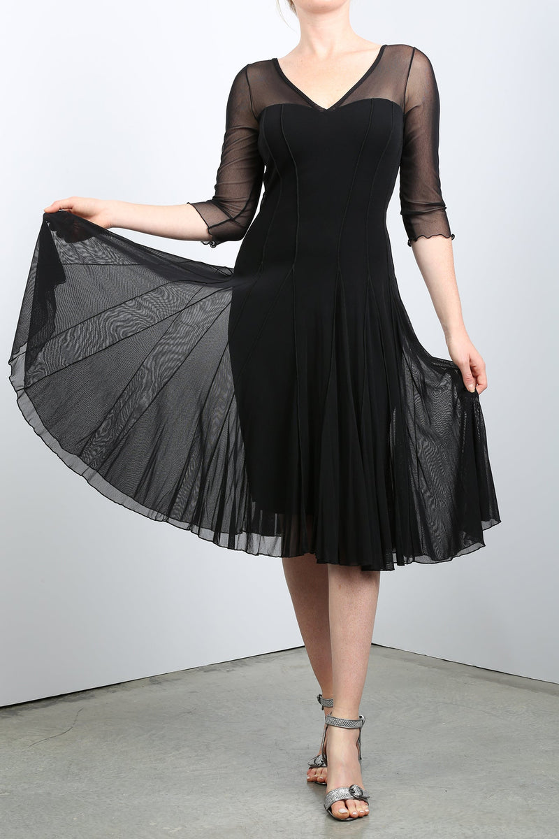 Elana Kattan | MAXIMA Black Mesh Paneled Flared Dress Black
