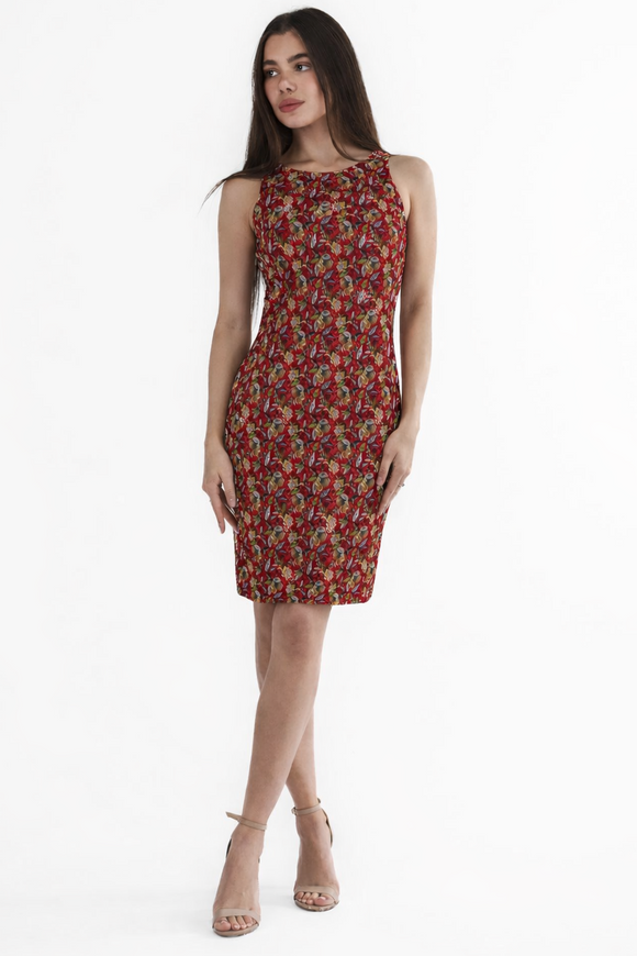 AMARA Textured Floral Fitted Sleeveless Sheath Dress
