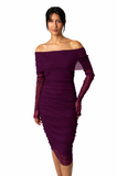 MAXIMA Off Shoulder Knee Length Long Sleeve Print Mesh Ruched Sheath Dress