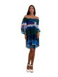 ODETTE On or Off Shoulder Puffed Sleeve Print  Flared Mesh Dress