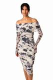 ADDISON Off Shoulder Knee Length Long Sleeve Print Mesh Sheath Dress