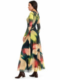 ALICE V-Neckline Calf Length Fit N Flare Long Sleeve Mesh Dress