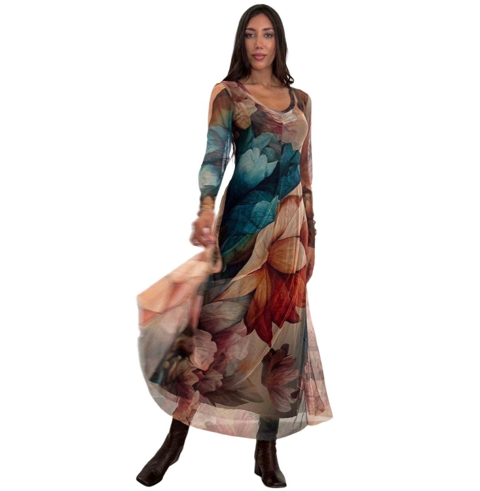 abigail silk maxi dress ABIGAIL V-Neckline Calf Length Fit N Flare Long Sleeve Mesh Dress
