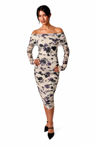 mesh knee length dress ADDISON Off Shoulder Long Sleeve Print Sheath styleattribute-prairie styles