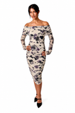 ADDISON Off Shoulder Knee Length Long Sleeve Print Mesh Sheath Dress