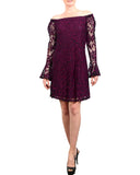 NURIELLE Off-Shoulder Bell Sleeves Embroidered Lace Dress Magenta