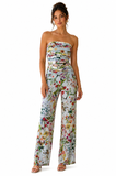 Maya Strapless Printed Jumpsuit With Ruched Bodice Flared Legs