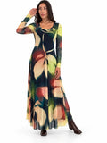 ALICE V-Neckline Calf Length Fit N Flare Long Sleeve Mesh Dress