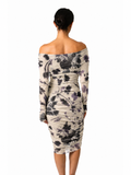ADDISON Off Shoulder Knee Length Long Sleeve Print Mesh Sheath Dress