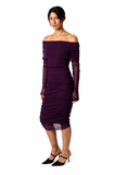 MAXIMA Off Shoulder Knee Length Long Sleeve Print Mesh Ruched Sheath Dress