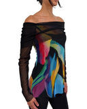 Glory Draped Neckline Off-Shoulder Long Sleeves Print Top