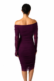 MAXIMA Off Shoulder Knee Length Long Sleeve Print Mesh Ruched Sheath Dress