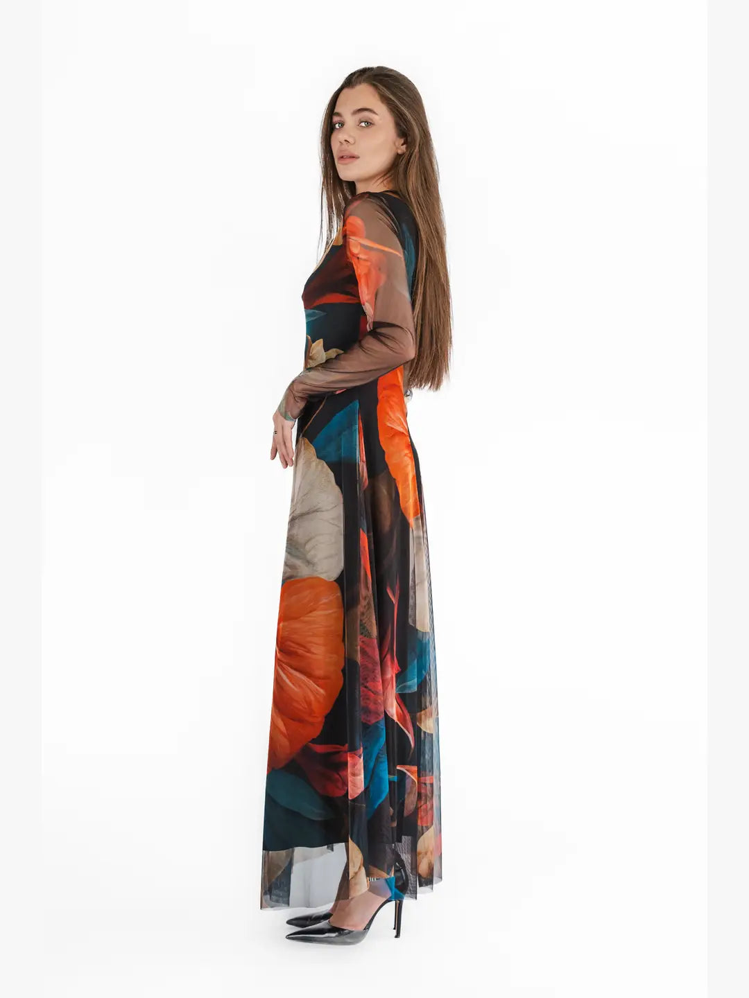 DELILA V-Neckline Calf Length Fit N Flare Long Sleeve Mesh Dress DELILA V-Neckline Calf Length Fit N Flare Long Sleeve Mesh Dress