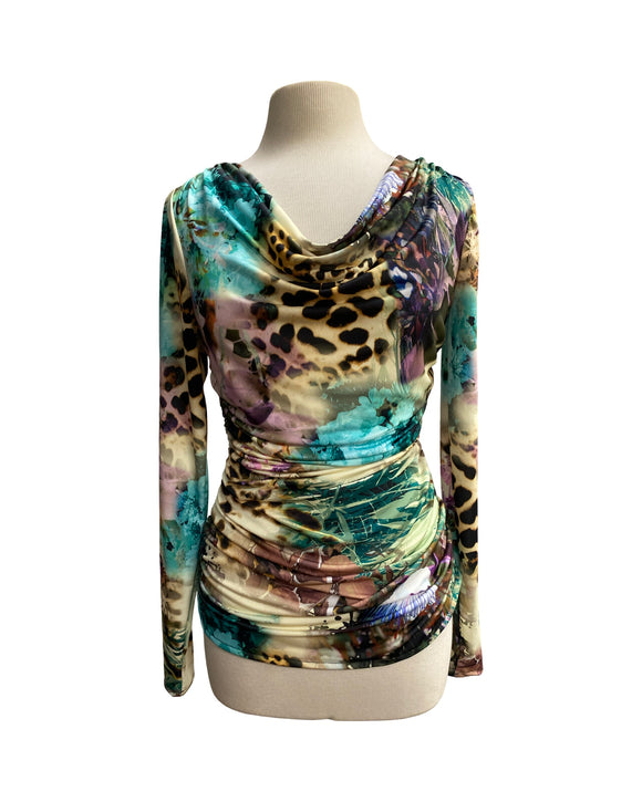 PAOLA Long Sleeves Ruched Side Seams Cowl Neck Jersey Top