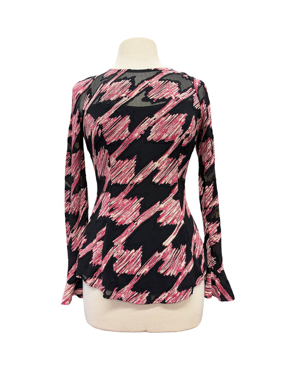 Ruby Bell Sleeves Luxurious Black and Magenta Burnout Fabric Top