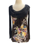 CAMILLE Draped Collar Long Sleeves Loose Printed Mesh Tunic Top