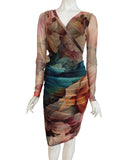 Abigail Abstract  Print Crossover Neckline Side Ruched Dress