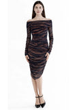 SAFARI Off Shoulder Knee Length Long Sleeve Tiger Print Mesh Sheath Dress