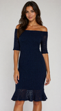 GWYNETH Off Shoulder Short Sleeve Fitted Puckered Print Dress