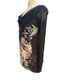 CAMILLE Draped Collar Long Sleeves Loose Printed Mesh Tunic Top