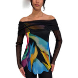 Glory Draped Neckline Off-Shoulder Long Sleeves Print Top