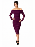MAXIMA Off Shoulder Knee Length Long Sleeve Print Mesh Ruched Sheath Dress