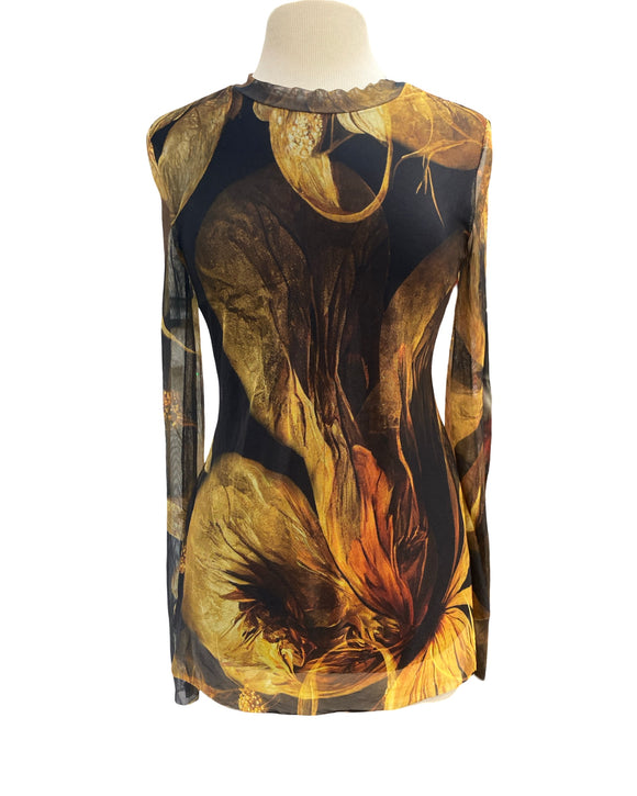 ALLEGRA Long Sleeves Printed Mesh Crew Neck Top