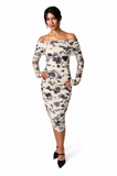 ADDISON Off Shoulder Knee Length Long Sleeve Print Mesh Sheath Dress