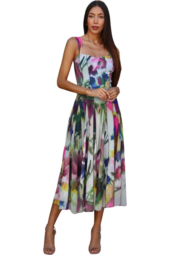IRIS 822 Sleeveless Tea Length Fit N Flare Paneled Dress Kelly