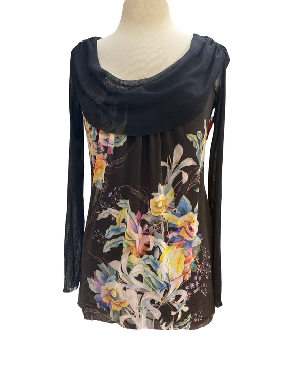 CAMILLE Draped Collar Long Sleeves Loose Printed Mesh Tunic Top