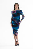 BABETTE Off Shoulder Knee Length Long Sleeve Print Mesh Sheath Dress