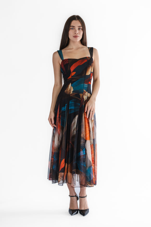 DELIA 822 Sleeveless Tea Length Fit N Flare Paneled Dress.