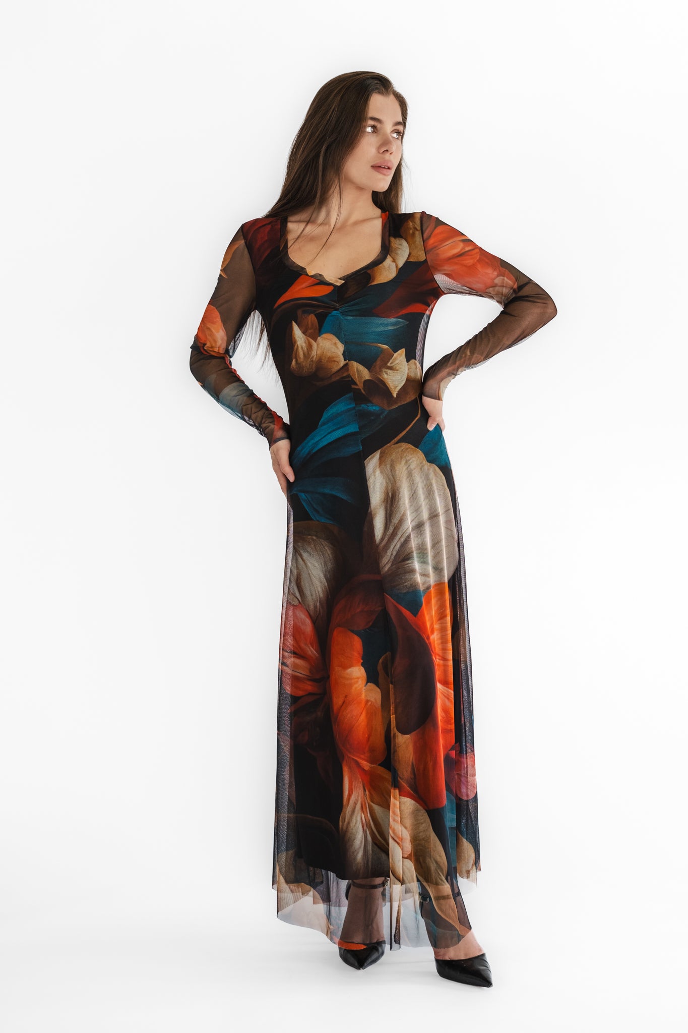 fit and flare mesh dress Leslie Fit and Flare Crossover Mesh Taffeta Maxi Dress