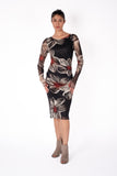 DORA Fitted Long Sleeves Sheath with Side Ruching Below the Knee Length Dress