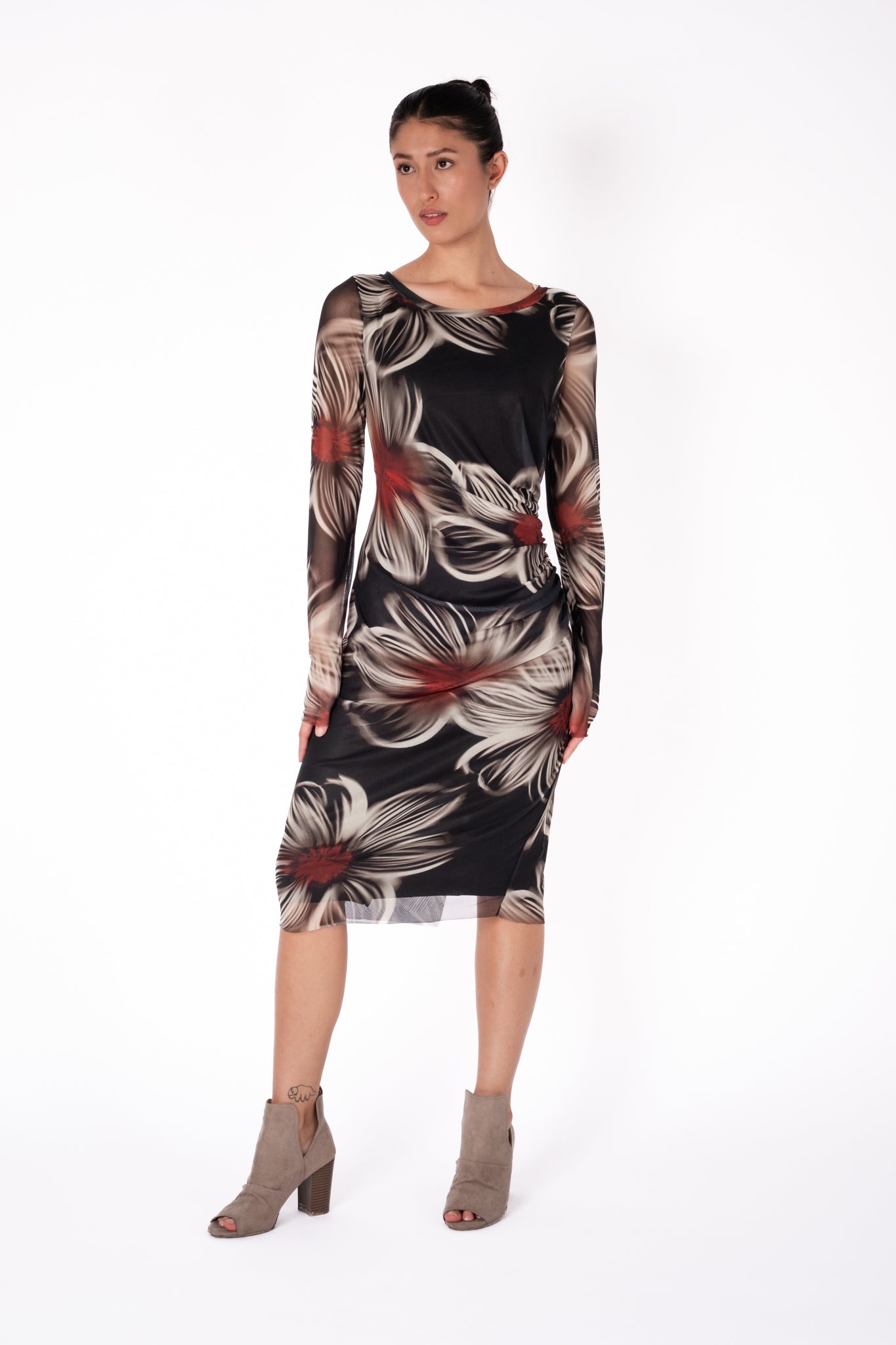 DORA Fitted Long Sleeves Sheath with Side Ruching Below the Knee Length Dress DORA Fitted Long Sleeves Sheath with Side Ruching Below the Knee Length Dress