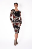 DORA Fitted Long Sleeves Sheath with Side Ruching Below the Knee Length Dress