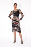 DORA Fitted Long Sleeves Sheath with Side Ruching Below the Knee Length Dress