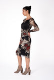 DORA Fitted Long Sleeves Sheath with Side Ruching Below the Knee Length Dress