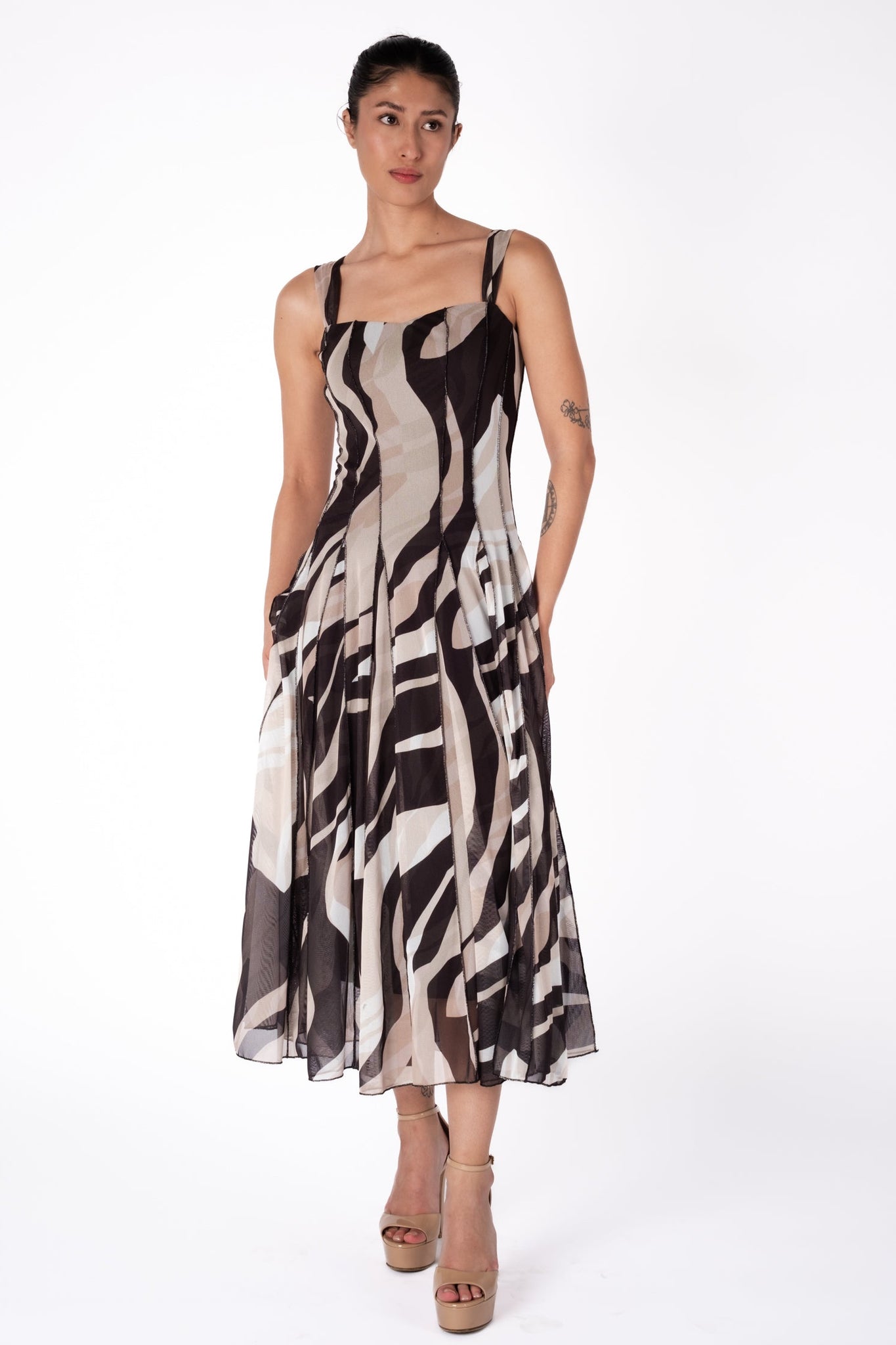 LISA 822 Sleeveless Tea Length Fit N Flare Paneled Dress