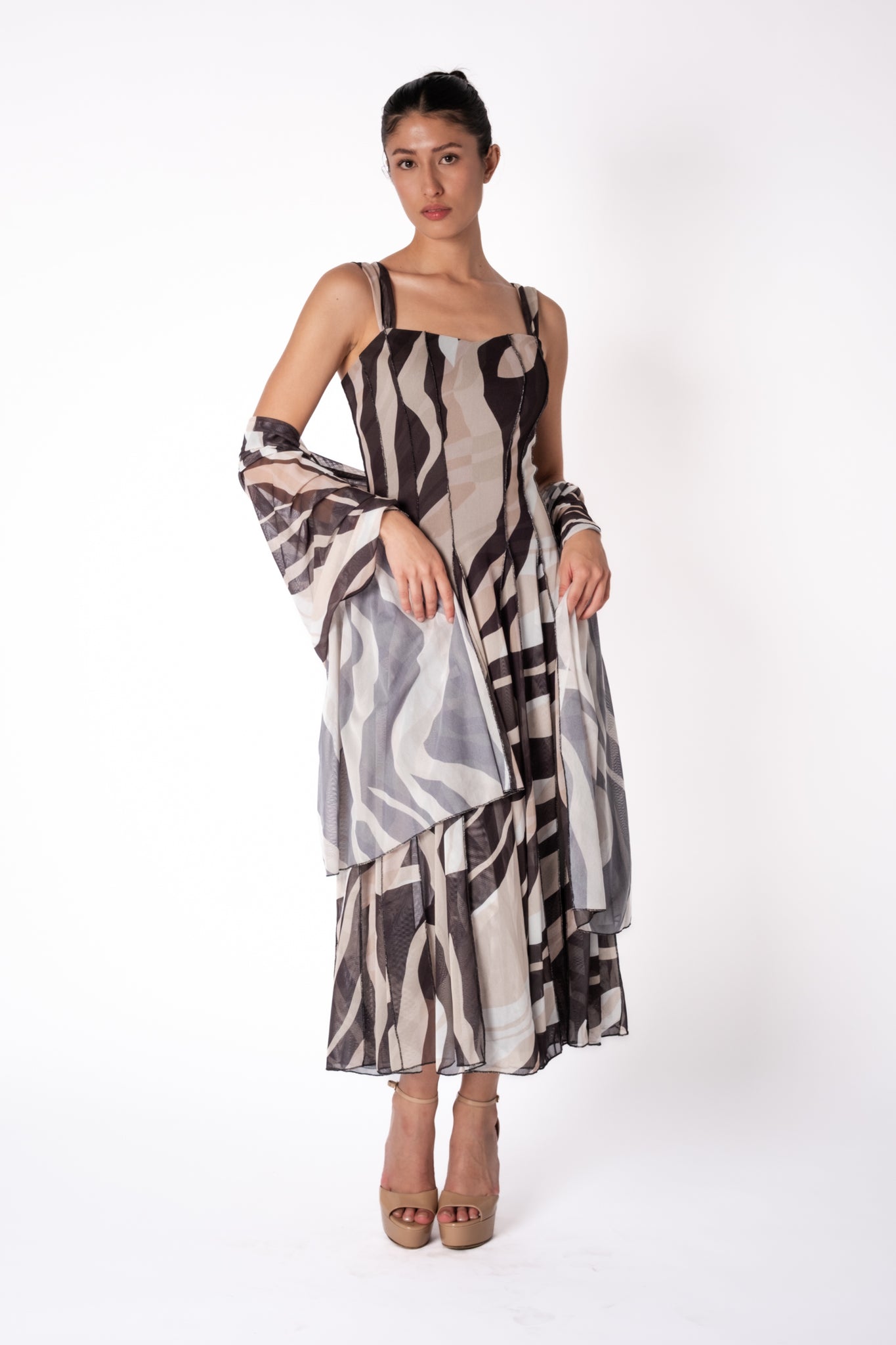 LISA 822 Sleeveless Tea Length Fit N Flare Paneled Dress