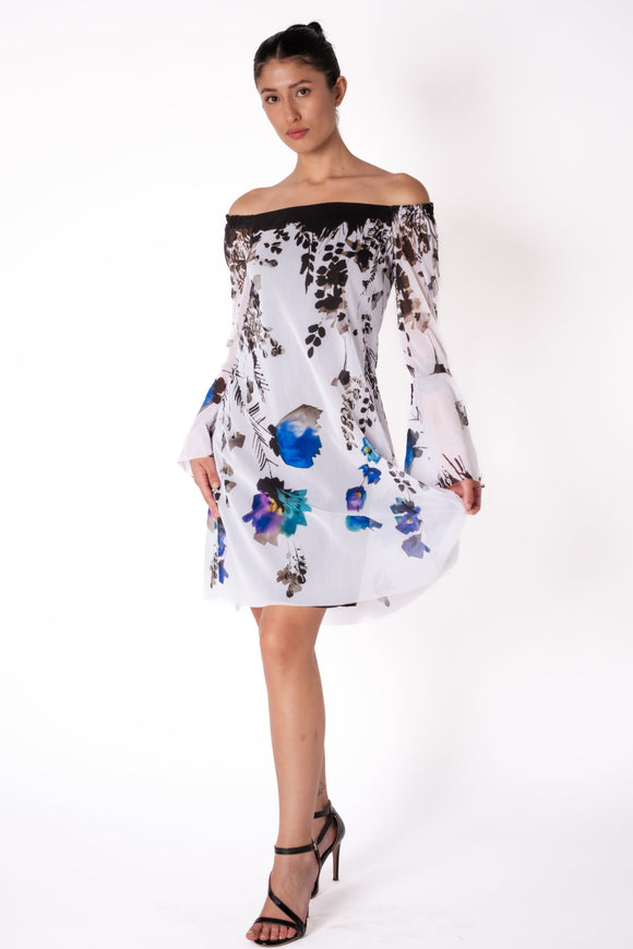 PANSY Above Knee Length Bell Sleeve Off Shoulder Dress
