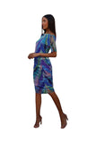 AQUARELLE Off Shoulder Knee Length 3/4 Sleeve Print Mesh Sheath Dress