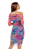 JORDANA Off Shoulder Knee Length Long Sleeve Print Mesh Sheath Dress
