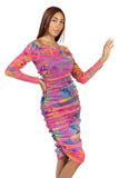 JORDANA Off Shoulder Knee Length Long Sleeve Print Mesh Sheath Dress