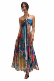 OLIVIA 817 Long Strapless Flared Empire Mesh Print Dress