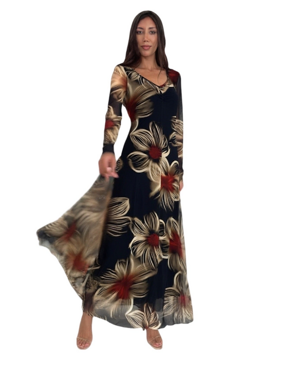 DORA V-Neckline Calf Length Fit N Flare Long Sleeve Mesh Dress DORA V-Neckline Calf Length Fit N Flare Long Sleeve Mesh Dress