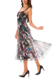 PIA Sleeveless Mid Calf Fit N Flare Vintage Print Mesh Dress
