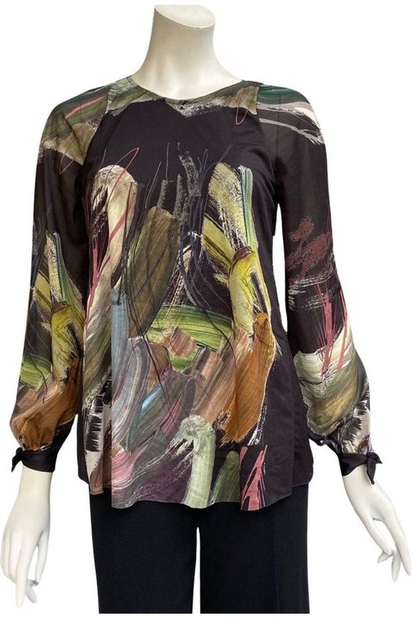 IGONNA  Loose Fitting Printed Tunic Top with Long Puffed Sleeves